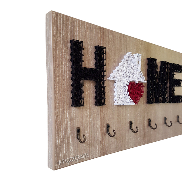 Ξύλινη κλειδοθήκη με καρφιά & κλωστές "HOME" 6 θέσεων 39x21cm - δώρο, κλειδί, κλειδοθήκες - 5