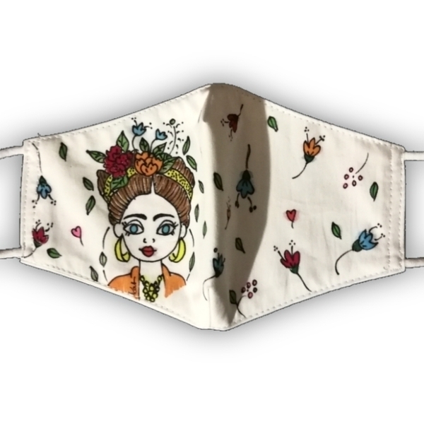 Ζωγραφισμένη μάσκα Φριντουλα κορίτσι λουλούδια βαμβακερή - βαμβάκι, ζωγραφισμένα στο χέρι, boho