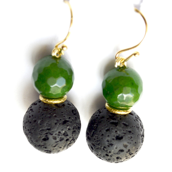 Σκουλαρίκια με λάβα και πράσινο jade - ασήμι, ημιπολύτιμες πέτρες, μικρά, κρεμαστά