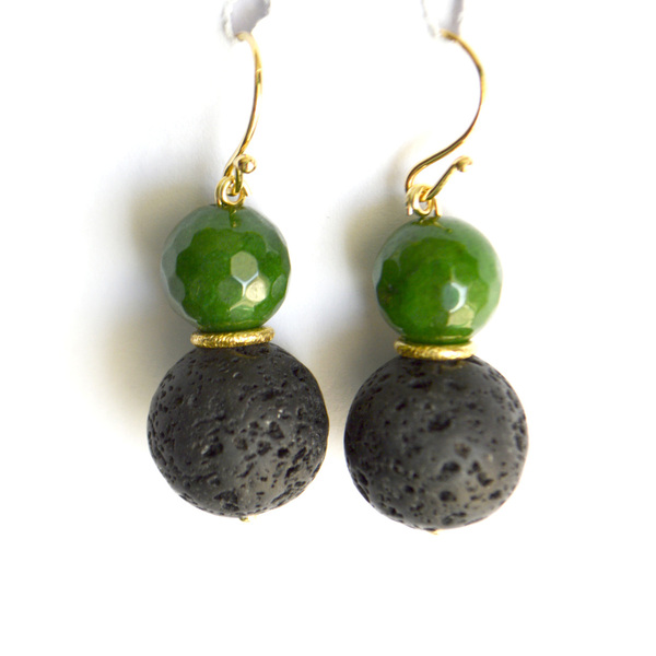 Σκουλαρίκια με λάβα και πράσινο jade - ασήμι, ημιπολύτιμες πέτρες, μικρά, κρεμαστά - 2