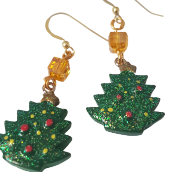Σκουλαρίκια με έλατα και κρύσταλλο σε χρυσό χρώμα. - κρεμαστά, γάντζος, χριστουγεννιάτικα δώρα, δέντρο