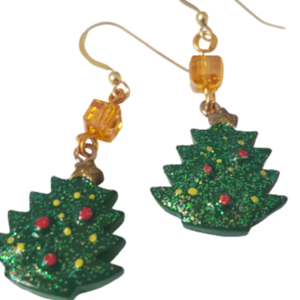 Σκουλαρίκια με έλατα και κρύσταλλο σε χρυσό χρώμα. - δέντρα, κρεμαστά, γάντζος, χριστουγεννιάτικα δώρα, δέντρο