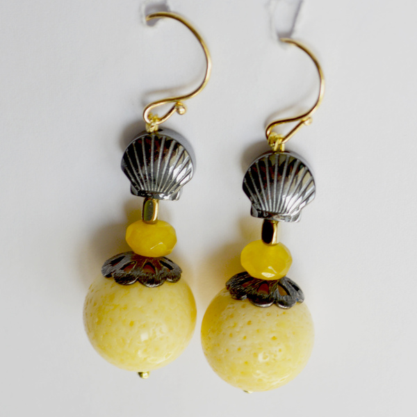 Σκουλαρίκια με sponge coral κίτρινο - ασήμι, ημιπολύτιμες πέτρες, μικρά, κρεμαστά - 2