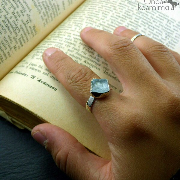 " Silver Rough Aquamarine " - Χειροποίητο δαχτυλίδι από ασήμι 925 και ακατέργαστο ημιπολύτιμο λίθο Ακουαμαρίνα! - ασήμι, ημιπολύτιμες πέτρες, μικρά, αυξομειούμενα - 3