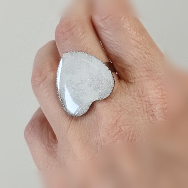Δαχτυλίδι λευκή καρδιά με υγρό γυαλί - καρδιά, μεγάλα, αυξομειούμενα, φθηνά - 2