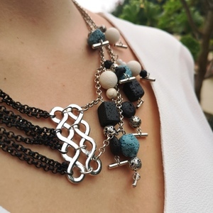 Κολιέ με αλυσίδες, μαύρο και ασημί χρώμα με pendants από λάβα - ορείχαλκος, χάντρες, κοντά - 3