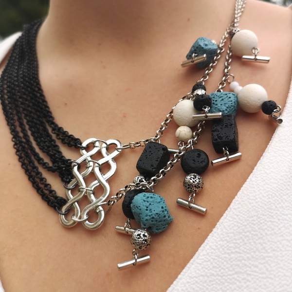 Κολιέ με αλυσίδες, μαύρο και ασημί χρώμα με pendants από λάβα - ορείχαλκος, χάντρες, κοντά - 4
