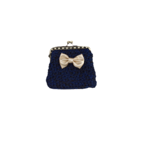 Χειροποίητο πλεκτό πορτοφόλι για κέρματα σε μπλε-μαύρο χρώμα με μεταλλικό κούμπωμα & χρυσό δερμάτινο φιογκάκι στο μπροστινό μέρος. - ύφασμα, χειροποίητα, πλεκτή, γιορτή της μητέρας, πορτοφόλια κερμάτων - 4