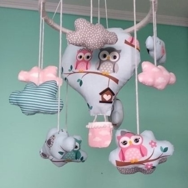 Μόμπιλε υφασμάτινο αερόστατο με κουκουβάγιες και συννεφάκια - κορίτσι, κουκουβάγια, μόμπιλε, ζωάκια - 2