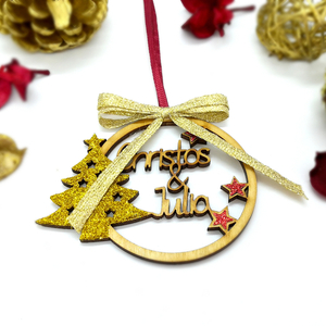 Ξύλινο Προσωποποιημένο στολίδι γούρι 9cm με όνομα, Χρυσό - ξύλο, χριστουγεννιάτικα δώρα, στολίδια, δέντρο, προσωποποιημένα - 2