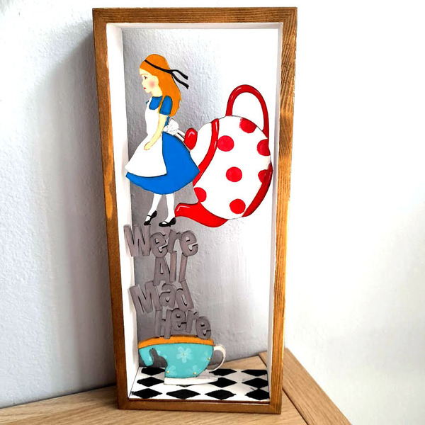 Ξύλινο κάδρο "Alice In Wonderland"! - ζωγραφισμένα στο χέρι, πίνακες & κάδρα, κορίτσι, δώρα για βάπτιση, παιδικά κάδρα