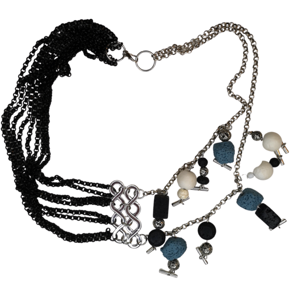 Κολιέ με αλυσίδες, μαύρο και ασημί χρώμα με pendants από λάβα - ορείχαλκος, χάντρες, κοντά - 5