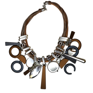 Κολιέ 12 σειρές δερμάτινο κορδόνι ασημί pendants - ορείχαλκος, χάντρες, κοντά - 3