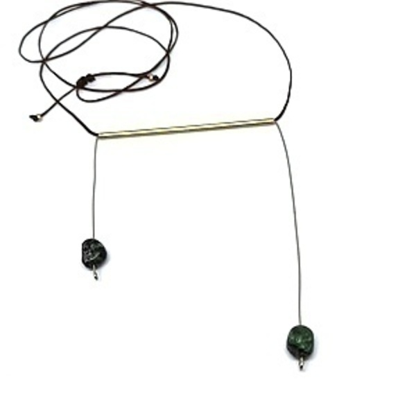 Κολιέ "π" από μπρούντζο / necklace "π" - ημιπολύτιμες πέτρες, κερωμένα κορδόνια, ορείχαλκος, μακριά, minimal