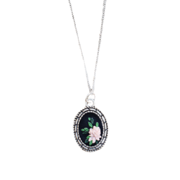 "Peony pendant"- Χειροποίητο μακρύ μεταγιόν (40εκ.) (αρζαντό, ατσάλι) - charms, πηλός, μακριά, λουλούδι