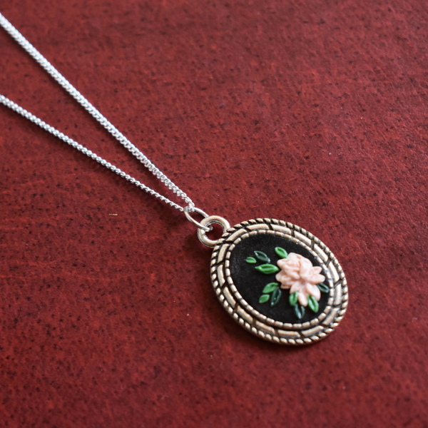 "Peony pendant"- Χειροποίητο μακρύ μεταγιόν (40εκ.) (αρζαντό, ατσάλι) - charms, πηλός, μακριά, λουλούδι - 2