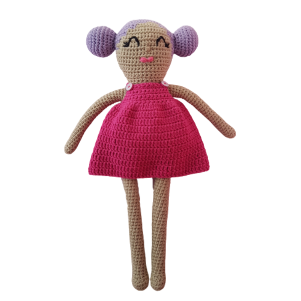 Πλεκτή κούκλα με φούξια φόρεμα 38 cm - ύφασμα, δώρο, λούτρινα, amigurumi, κούκλες
