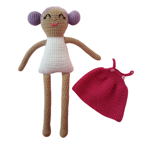 Πλεκτή κούκλα με φούξια φόρεμα 38 cm - ύφασμα, δώρο, λούτρινα, amigurumi, κούκλες - 5