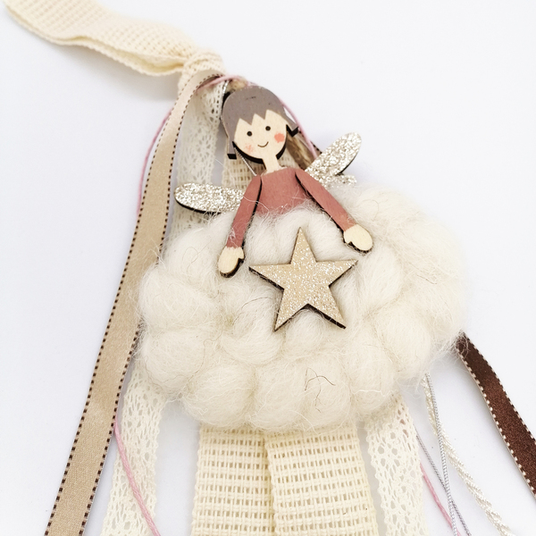 Γούρι Κοριτσάκι Φτερά glitter Μάλλινο Φόρεμα Αστέρι - ύφασμα, ξύλο, χριστουγεννιάτικα δώρα, γούρια