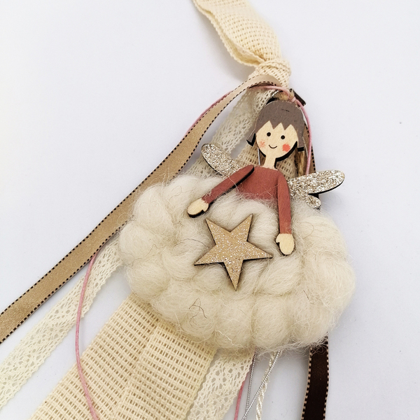 Γούρι Κοριτσάκι Φτερά glitter Μάλλινο Φόρεμα Αστέρι - ύφασμα, ξύλο, χριστουγεννιάτικα δώρα, γούρια - 2