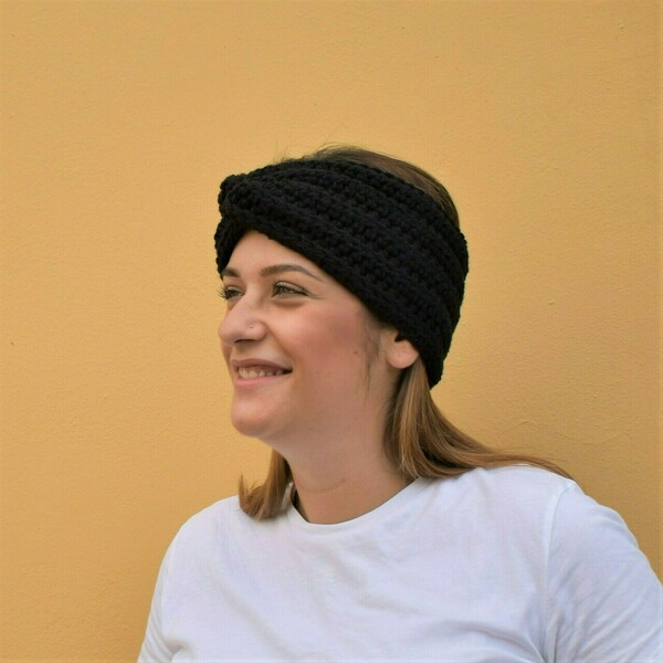Χειροποίητη πλεκτή στριφτή κορδέλα μαύρη από 100% ακρυλικό νήμα - μαλλί, turban, headbands - 2