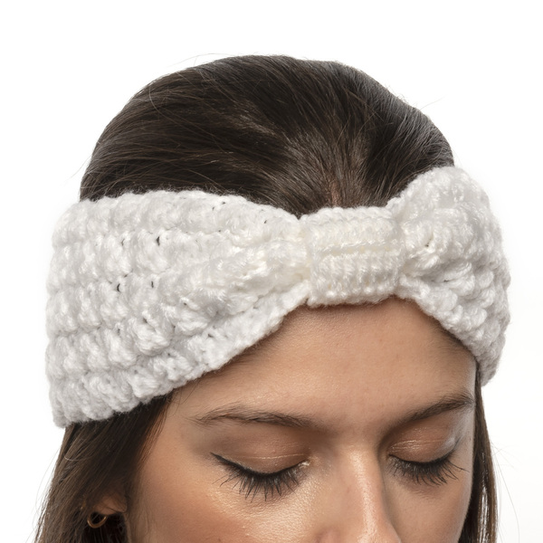 Χειροποίητη πλεκτή κορδέλα με δέσιμο άσπρη από 100% ακρυλικό νήμα - μαλλί, turban, headbands - 2