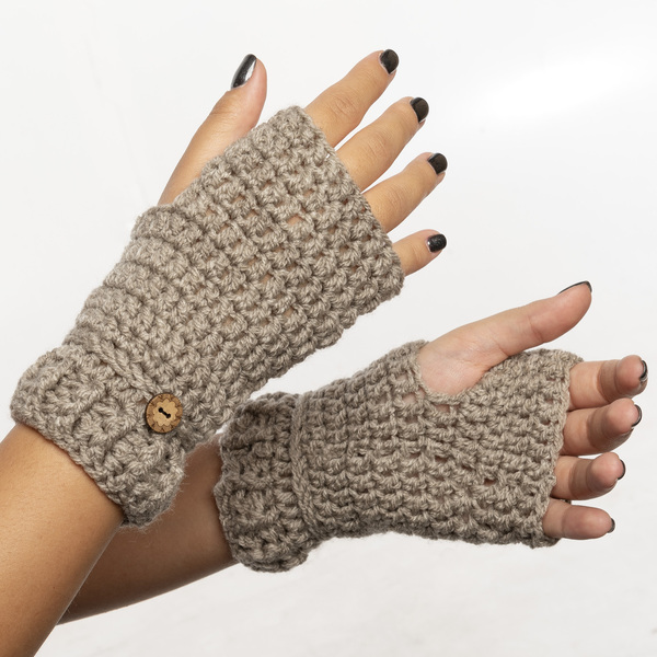 Χειροποίητα πλεκτά γάντια γκρί-καφέ χωρίς δαχτυλάκια από 100% ακρυλικό νήμα - ακρυλικό - 2