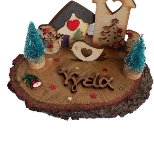 Χριστουγεννιάτικο χωριό - γούρι 2021 σε φέτα ξύλου - ξύλο, σπίτι, χριστουγεννιάτικα δώρα, γούρια - 2