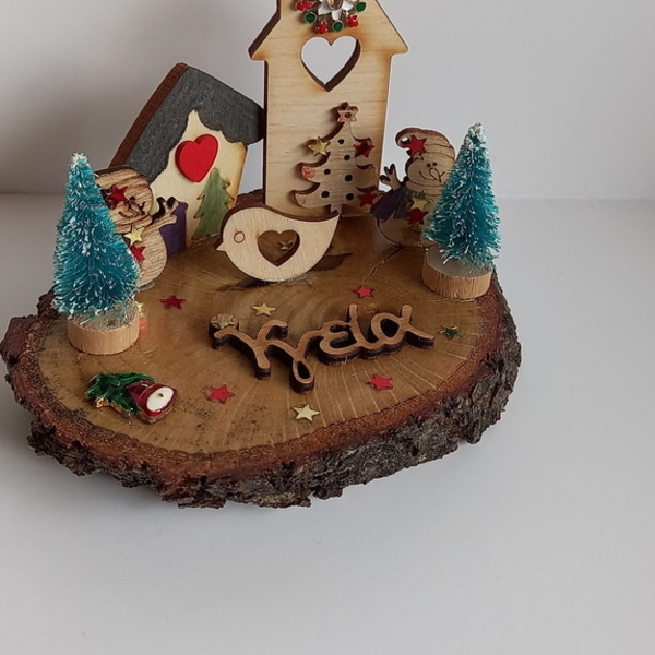 Χριστουγεννιάτικο χωριό - γούρι 2021 σε φέτα ξύλου - ξύλο, σπίτι, χριστουγεννιάτικα δώρα, γούρια - 4