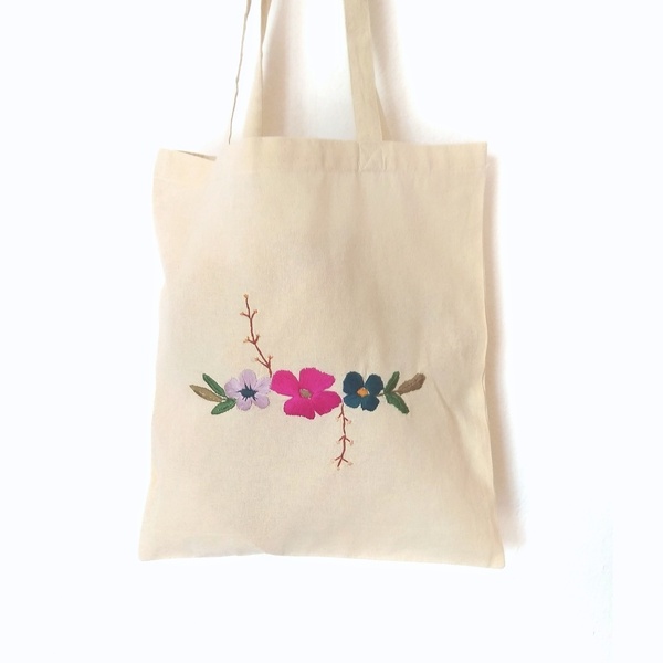 Kεντημένη τσάντα πολλαπλών χρήσεων -Ο δρόμος των λουλουδιών- - ύφασμα, ώμου, φλοράλ, tote, πάνινες τσάντες
