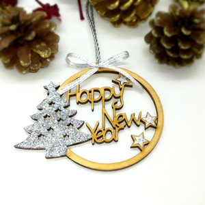 Χειροποίητο Ξύλινο στολίδι γούρι Happy New Year, Ασημί - ξύλο, χριστουγεννιάτικα δώρα, στολίδια, δέντρο