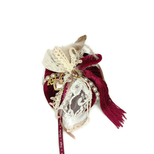 Γούρι 2022 Κολοκύθα Μπορντώ 9cm Βελούδινη με μεταλλικά στοιχεία, πέρλα και δαντέλα - διακοσμητικά, χριστουγεννιάτικα δώρα, κολοκύθα, δώρα για γυναίκες - 2
