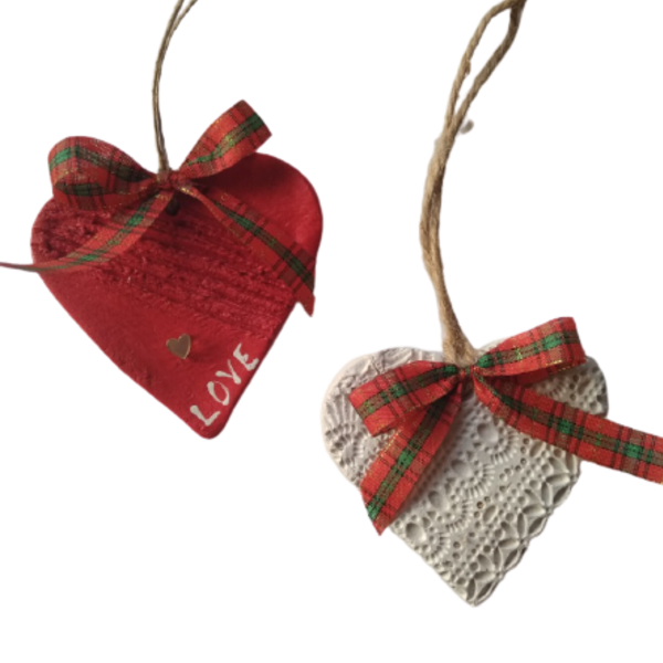 Σετ 2 στολιδάκια από πηλό - αγάπη, πηλός, χριστουγεννιάτικα δώρα, στολίδια