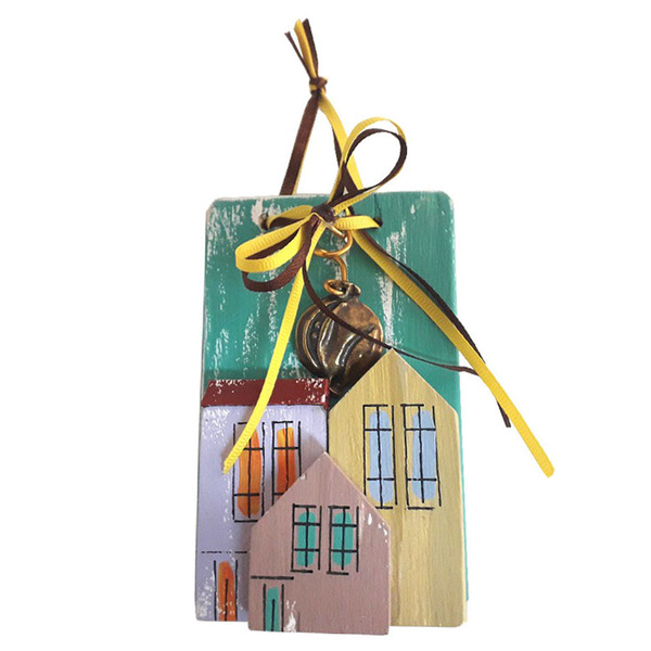 Γούρι καδράκι ξύλινο χειροποίητο Σπίτια με μεταλλικό ρόδι 7x11x4 Πράσινο Καπαδάκης - ξύλο, χειροποίητα, ρόδι, χριστουγεννιάτικα δώρα, γούρια