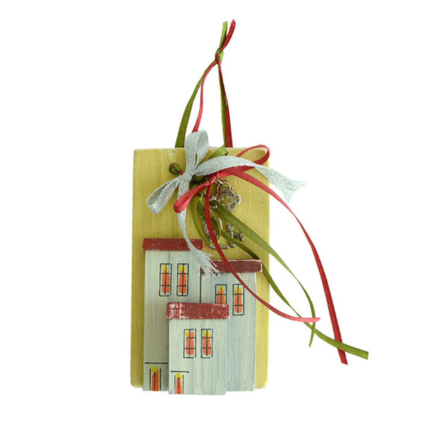 Γούρι καδράκι ξύλινο χειροποίητο Σπίτια με μεταλλικά κλειδιά 7x11x4 Κίτρινο Καπαδάκης - ξύλο, ζωγραφισμένα στο χέρι, χειροποίητα, χριστουγεννιάτικα δώρα, γούρια