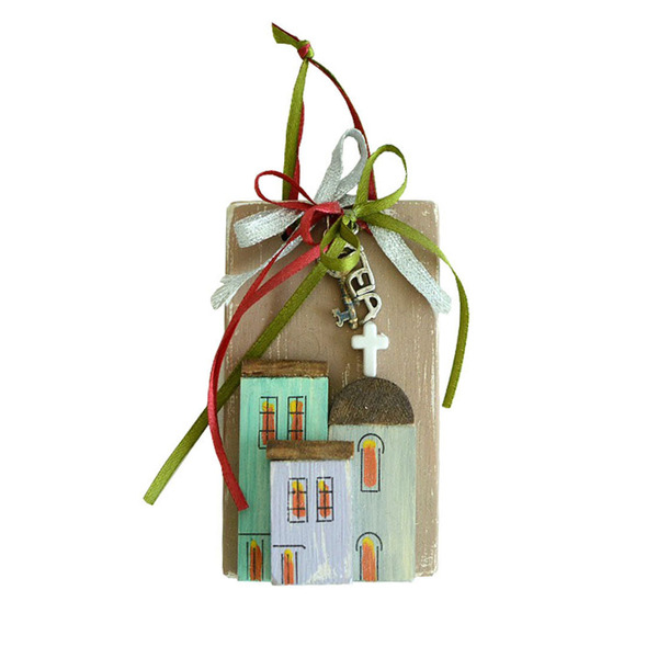 Γούρι καδράκι ξύλινο χειροποίητο Σπίτια με μεταλλική λέξη "Υγεία" 7x11x4 Ρόζ Καπαδάκης - ξύλο, ζωγραφισμένα στο χέρι, χειροποίητα, χριστουγεννιάτικα δώρα, γούρια