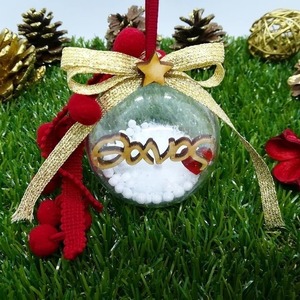 Χειροποίητη Χριστουγεννιάτικη μπάλα 6cm με όνομα, Κόκκινο - ξύλο, plexi glass, χριστουγεννιάτικα δώρα, στολίδια, μπάλες - 2
