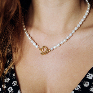 Κολιέ I love pearls - κοντά, πέρλες, καρδιά, επιχρυσωμένο στοιχείο