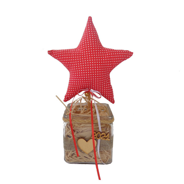 Βάζο με υφασμάτινο αστέρι - ύφασμα, γυαλί, αστέρι, διακοσμητικά, χριστουγεννιάτικα δώρα