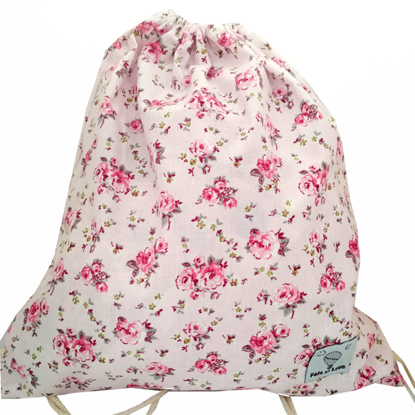 Τσάντα πλάτης με κορδόνια φλοραλ ροζ - τσαντάκια