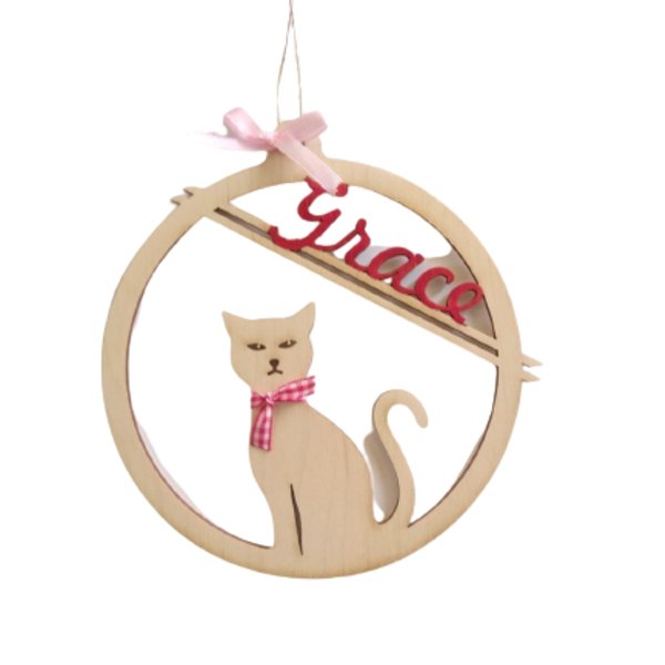 Ξύλινο Χριστουγεννιάτικο στολίδι για κατοικίδιο, γάτα με όνομα, 10 εκατοστά - ξύλο, όνομα - μονόγραμμα, γάτα, στολίδια, μπάλες