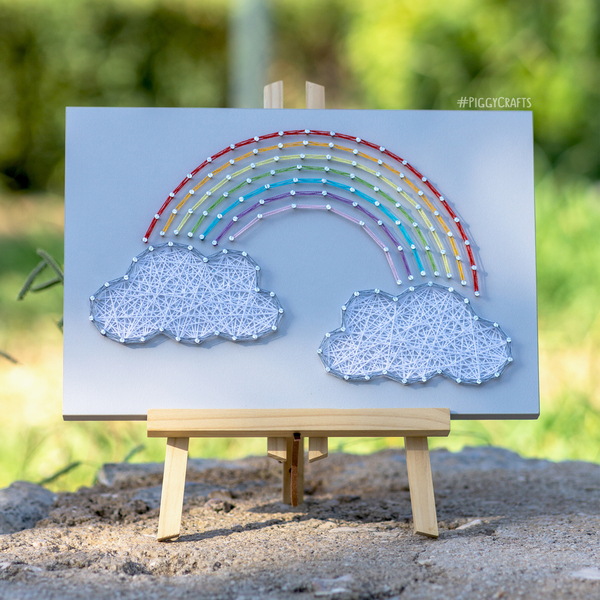 Ξύλινο κάδρο με καρφιά & κλωστές "Rainbow" 30x20cm - κορίτσι, δώρο, παιδικοί πίνακες - 3