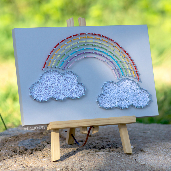 Ξύλινο κάδρο με καρφιά & κλωστές "Rainbow" 30x20cm - κορίτσι, δώρο, παιδικοί πίνακες - 2