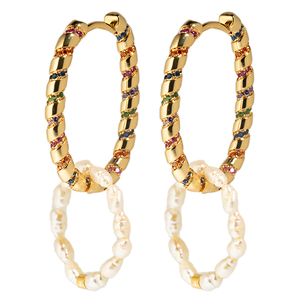 Hanging Pearls Oval Multicolored Stoned Hoops - επιχρυσωμένα, ορείχαλκος, κρίκοι, πέρλες, μεγάλα