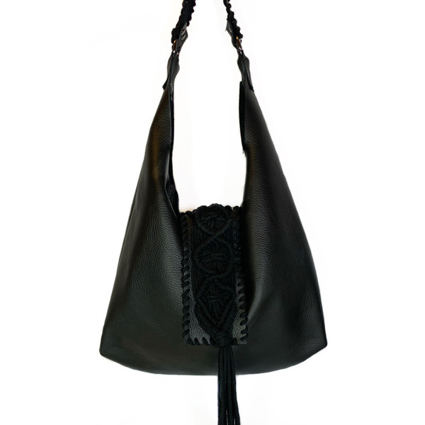 Urban Queen χειροποίητη hobo τσάντα "Destiny black" - δέρμα, ώμου, μεγάλες, all day, πλεκτές τσάντες
