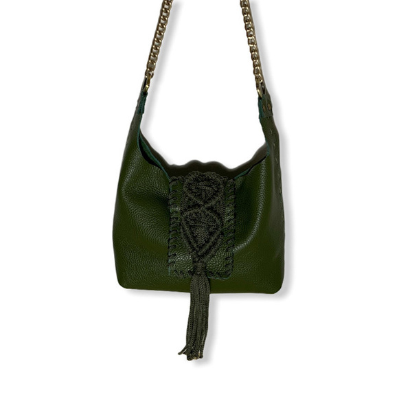 Urban Queen χειροποίητη τσάντα "Destiny mini olive" - δέρμα, ώμου, all day, πλεκτές τσάντες, μικρές - 2