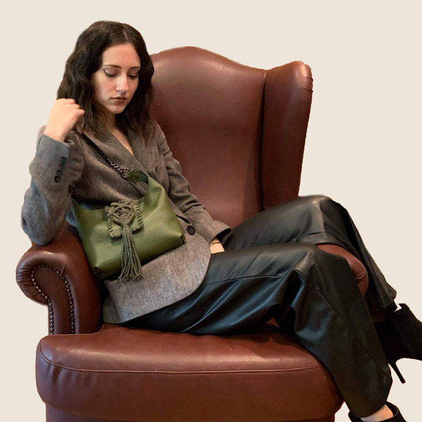 Urban Queen χειροποίητη τσάντα "Destiny mini olive" - δέρμα, ώμου, all day, πλεκτές τσάντες, μικρές - 3