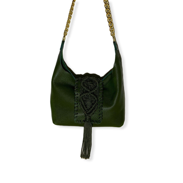 Urban Queen χειροποίητη τσάντα "Destiny mini olive" - δέρμα, ώμου, all day, πλεκτές τσάντες, μικρές - 5