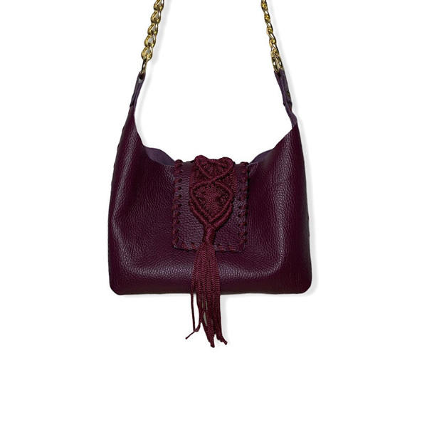 Urban Queen χειροποίητη τσάντα "Destiny mini burgundy" - δέρμα, ώμου, all day, πλεκτές τσάντες, μικρές - 2