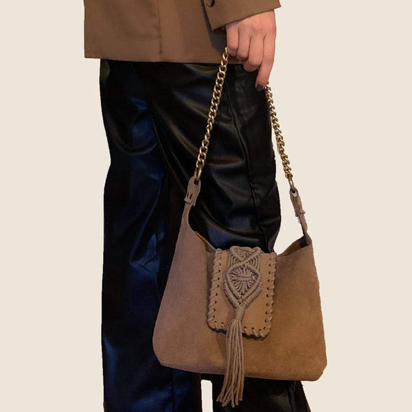 Urban Queen χειροποίητη τσάντα "Destiny mini camel" - δέρμα, ώμου, all day, πλεκτές τσάντες, μικρές - 3